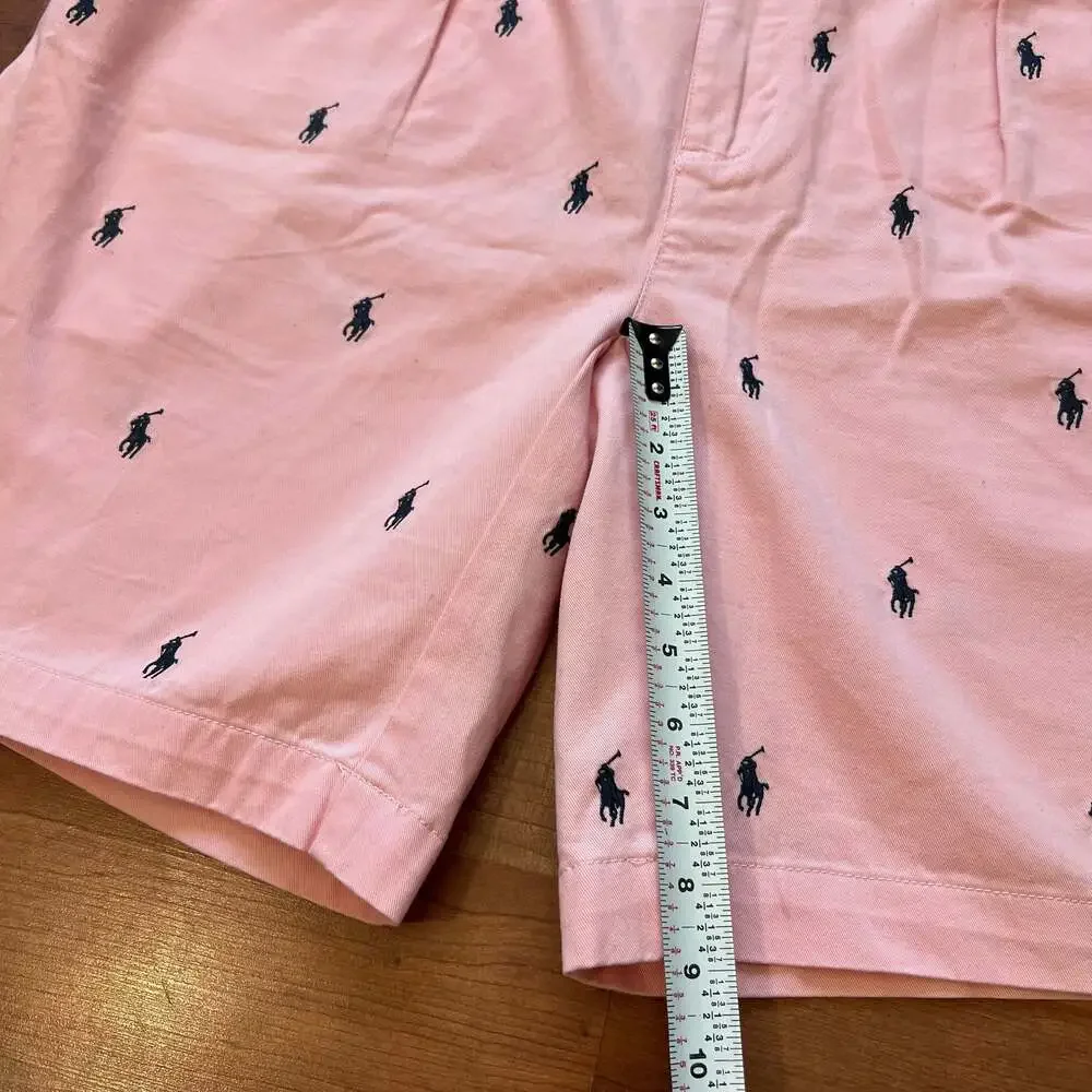 Polo Ralph Lauren Tyler All-Over Pony Print Pink Pleated Chino Shorts Sz 36